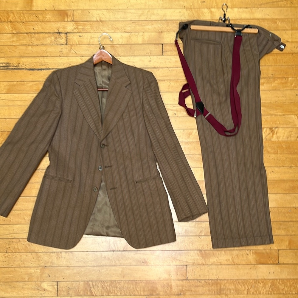 Vintage Brown pinstriped two piece men’s suit with suspenders